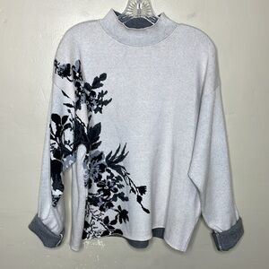 OPELIA ROE Chunky Warm Sweater Gray & Cream Digital Print Floral Mock Neck XL